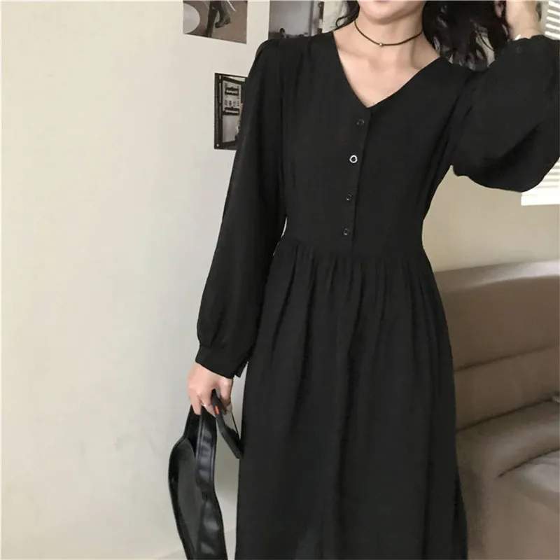 

Women's Spring Autumn Dress Women's V-Neck Button Solid Color Long Sleeve Vintage Casual Dress AA3362