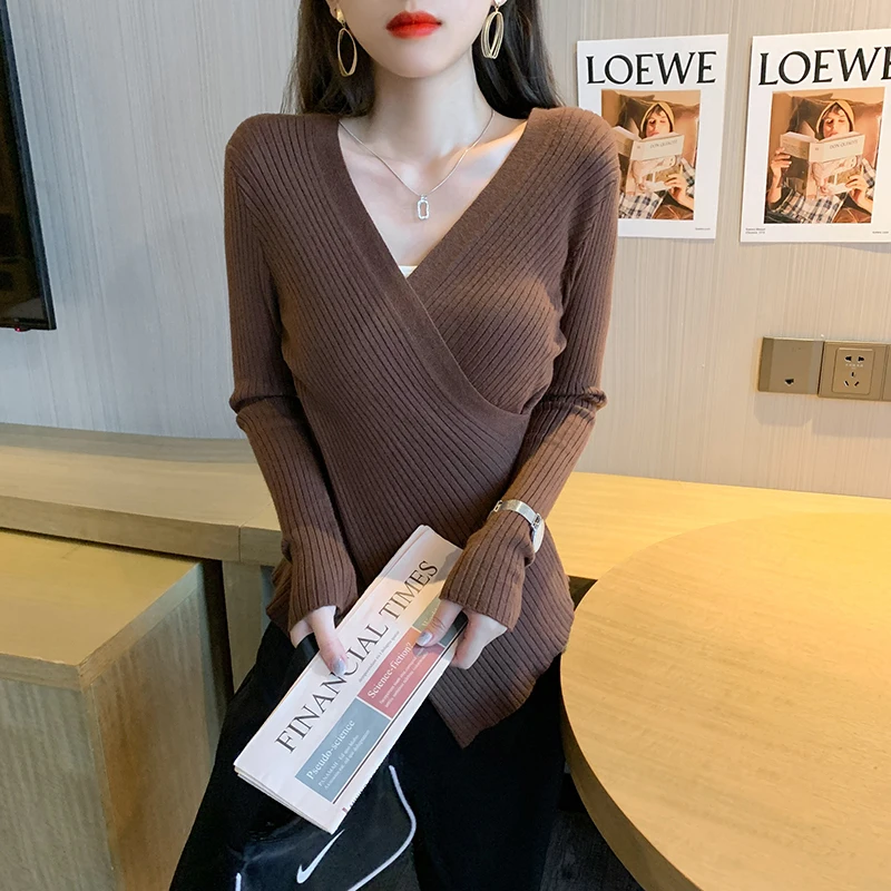 

Knitted Sweaters Women Cross V-neck Slim Bottom Shirts 2021 Autumn Fashion Long-sleeve Women's Tops Solid brown Sweater Clothes