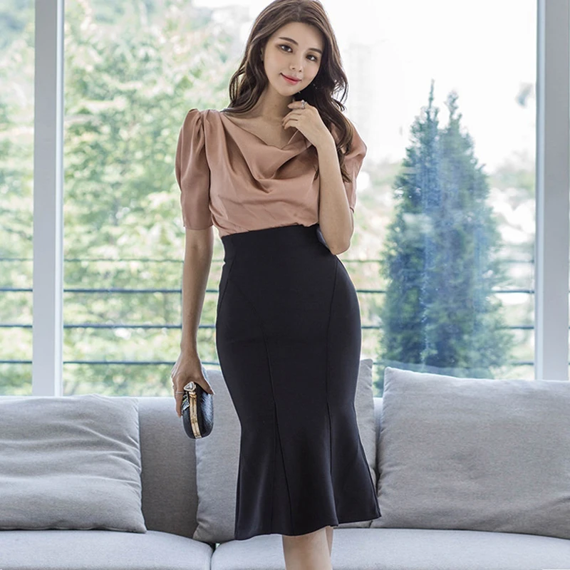 

Fashion Women Summer OL Elegant Retro Party Club Set Puff Sleeve Sexy Pile Collar Shirt And Ruffle Skinny Skirt Two Piece Set