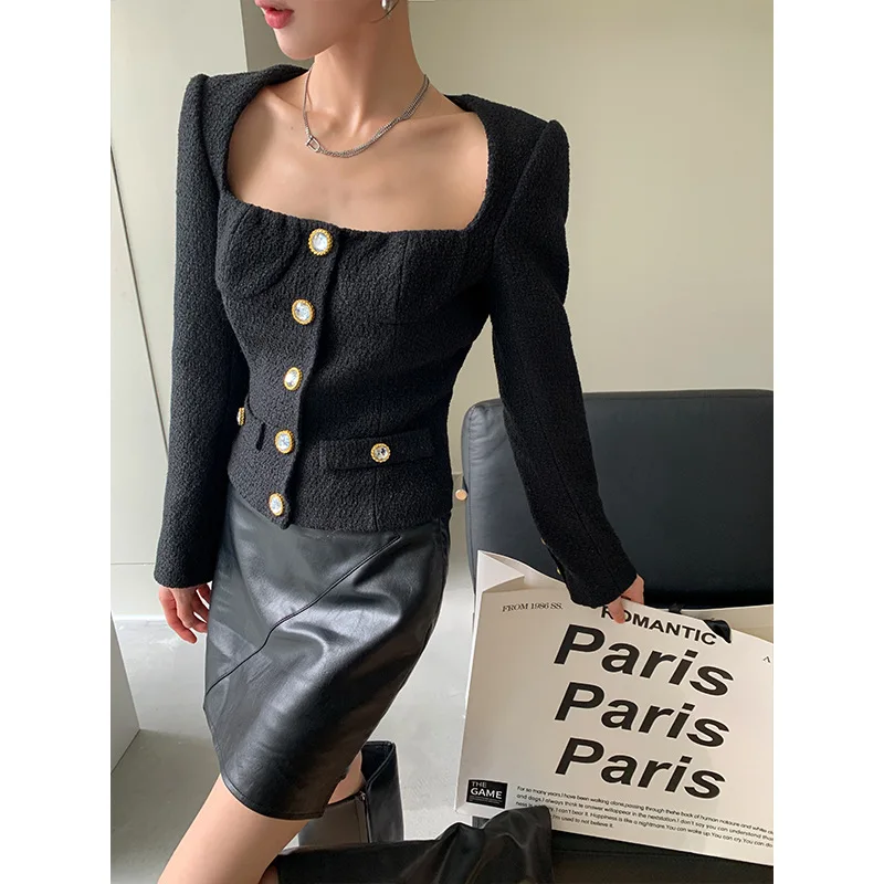 

Womens Slim-fit Pullovers Tops Long-Sleeve Square Neck Office Lady Solid Color Single-Breasted Pullover Tops