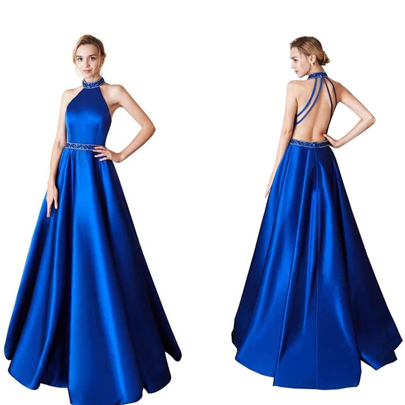 

Сексуальное длинное платье для выпускного вечера с открытой спиной 2020, королевское синее платье в пол, атласное платье трапециевидной форм...