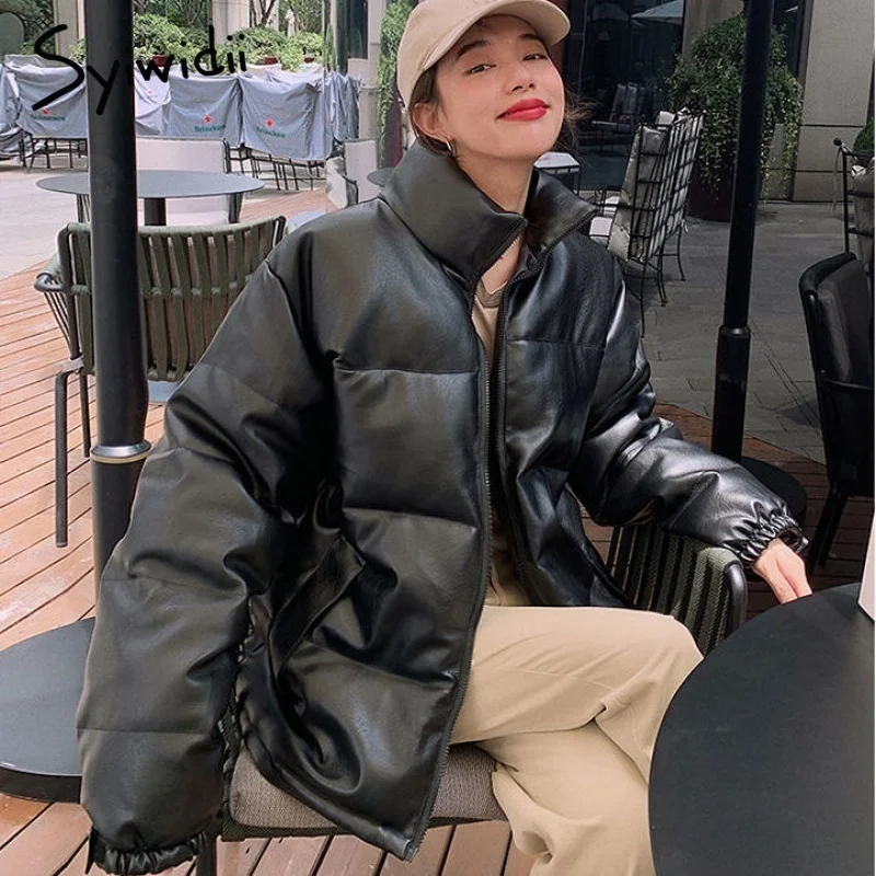 

2021Syiwidii PU Coat Women Parkas Faux Leather Autumn Winter Jacket Black Clothing for Women Korean Coats Cotton Liner Fashion