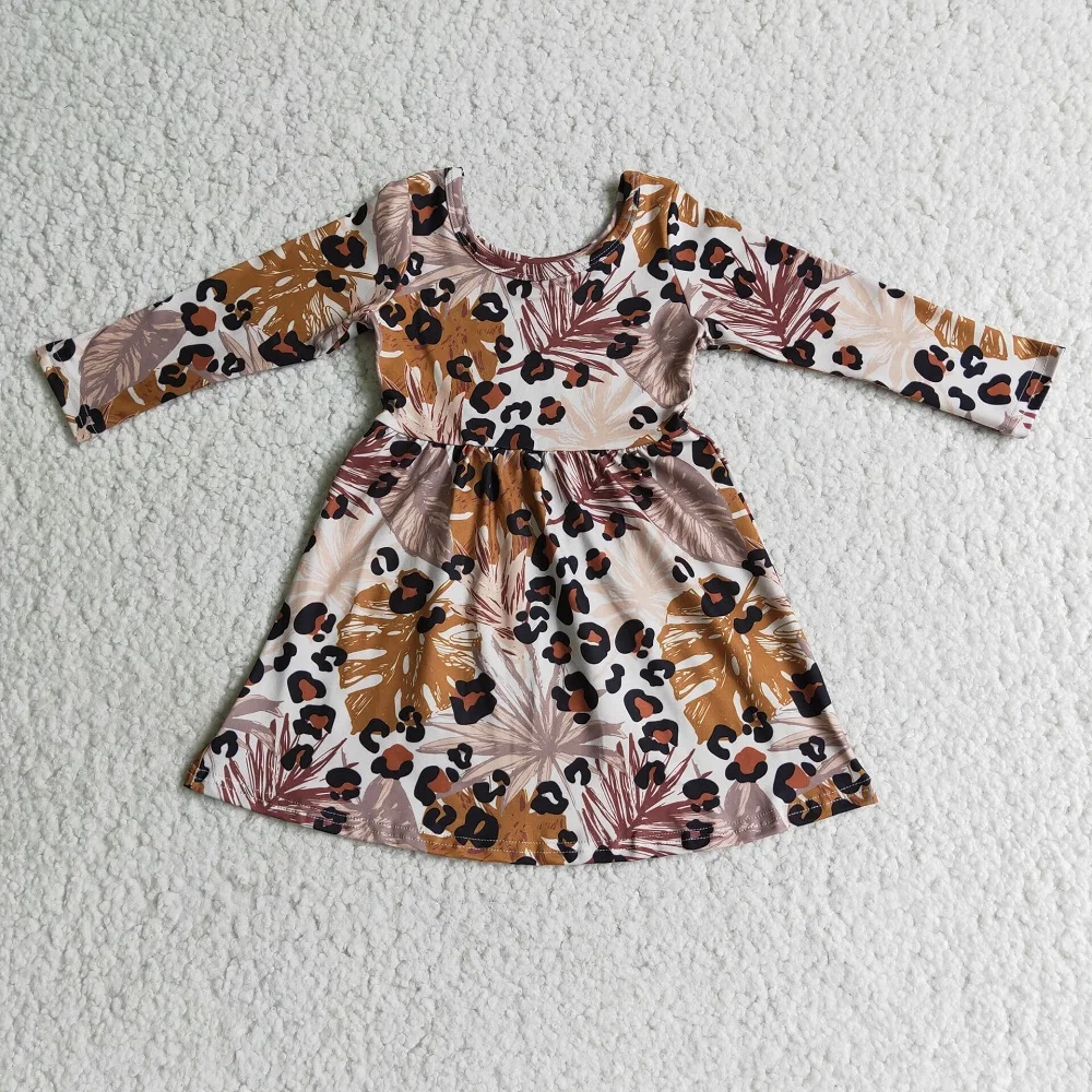 

RTS Boutique Wholesale Baby Girls Leopard Leaves Print Kids Dress Long Sleeve Twirl Fall Winter