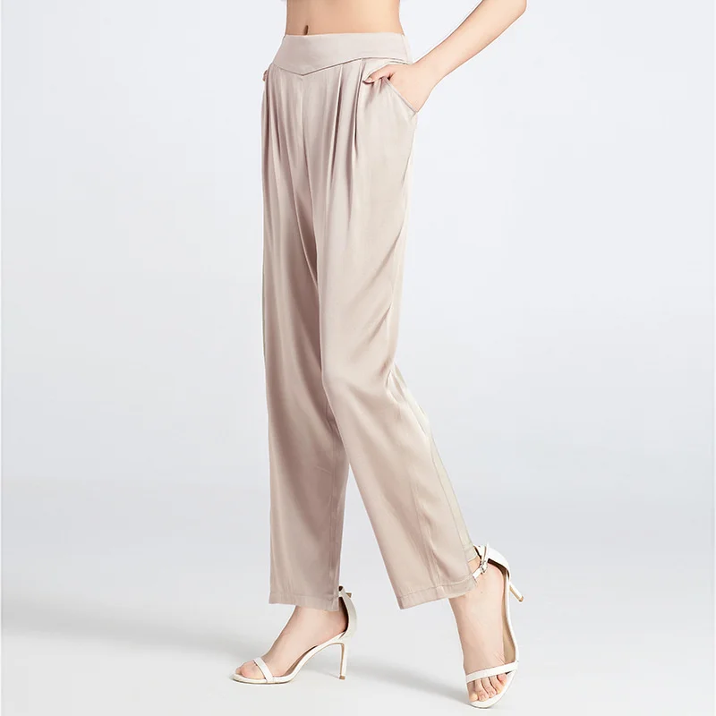 100% Mulberry Silk pants elastic high waist  ankle-length pants trousers women summer thin classical loose haren pants 1903166