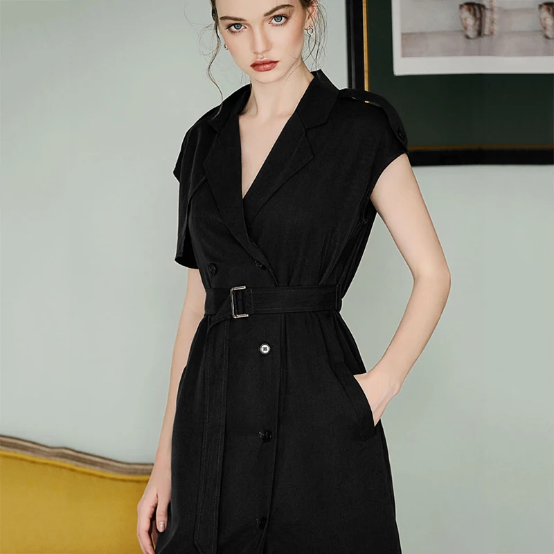 

Women Bandage Double Breasted Dress New Lapel Short Sleeve Loose Fit Pockets Fashion Tide Spring Autumn 2020 S005