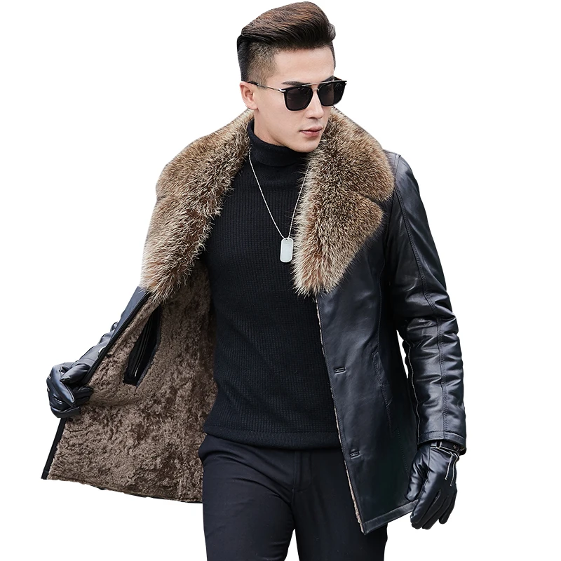 

Rea Leather Mens Jacket NaturalRaccoon Mink Fur Collar Plus Size 5XL Male Wool Shearling Warm Coat 1582 LX2370