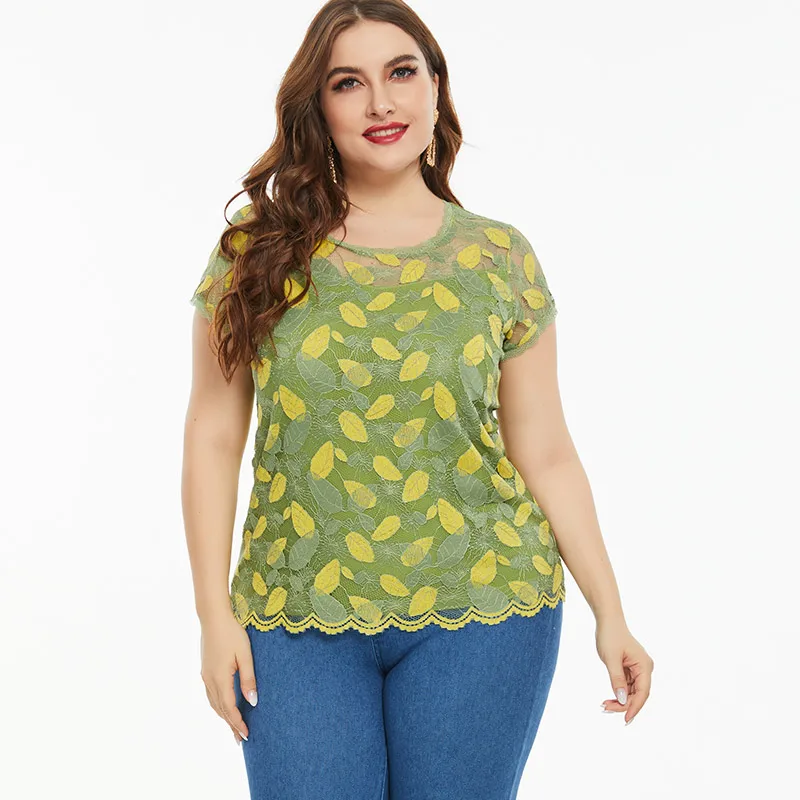 

2021 Summer Women Short sleeve Color Lace top and blouset fashion ladies Casual clothes Plus Size Womens Hollow Tops