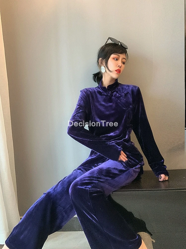 Женский Восточный Костюм Ципао из топа и брюк традиционная китайская одежда