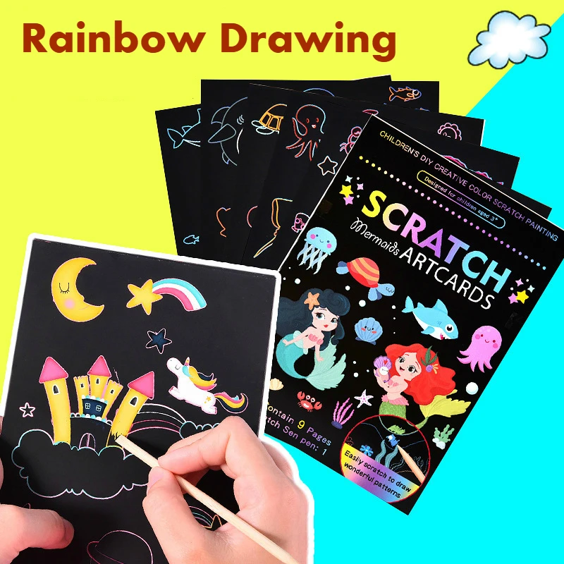 

Scratch Paper Art for Kids 9 Sheets Rainbow Magic Scratch Off Art Crafts Drawing Note Board Kit for Girls Boys Toddler DIY Party
