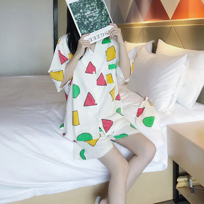 

2021 New Short Sleeve Pajamas Set for Women Polyester Silk Sleepwear 2Pcs Nightwear Cute Print Homewear Summer Lounge Pyjamas