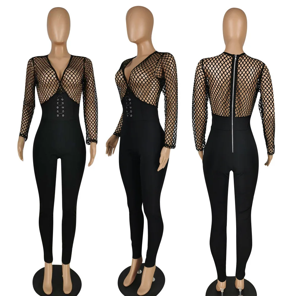 

Women Jumpsuits Full Sleeve Rompers Fashion Sexy Mesh Stitching Deep V Jumpsuit Night Club Party One Piece Fitness Outfits