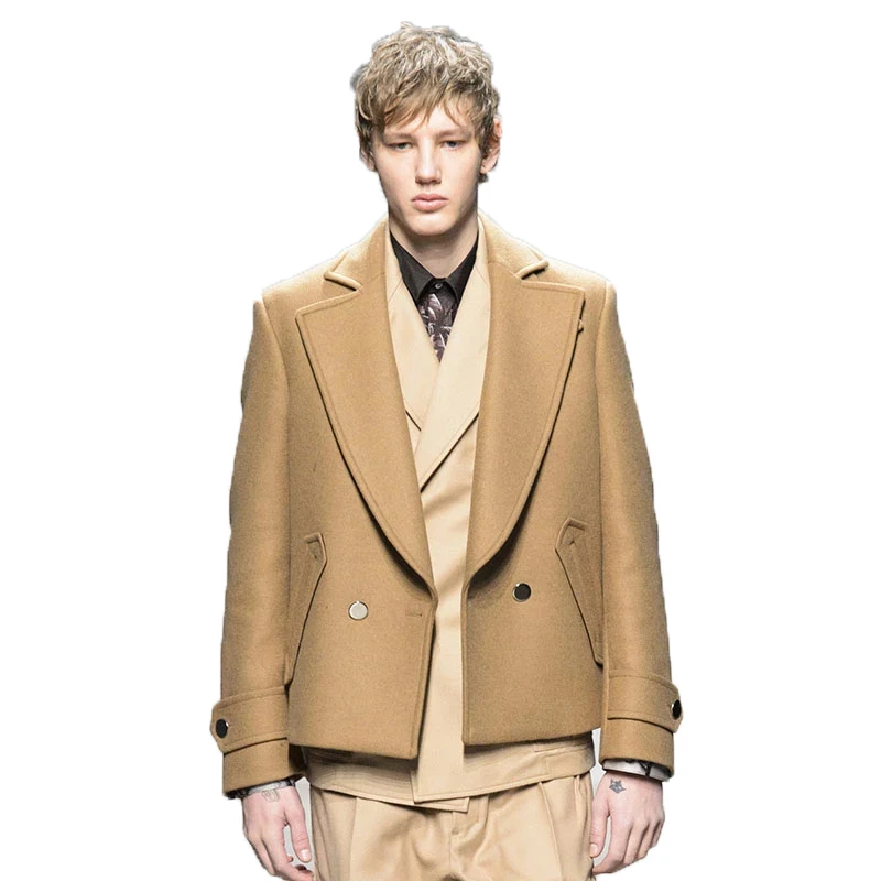 Мужское шерстяное пальто классическое простое однобортное короткое верблюжьего