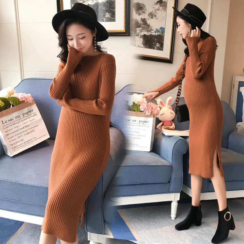 Осенне зимнее платье для беременных плотное свитер трикотажное с длинными