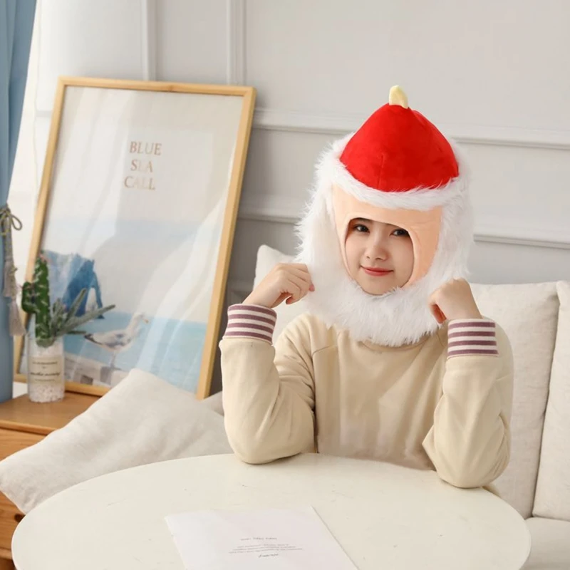 

Funny Full Beard Santa Claus Head Plush Hat Doll Stuffed Toys Fuzzy Warm Hood Beanie Earflap Cap Christmas Cosplay Props