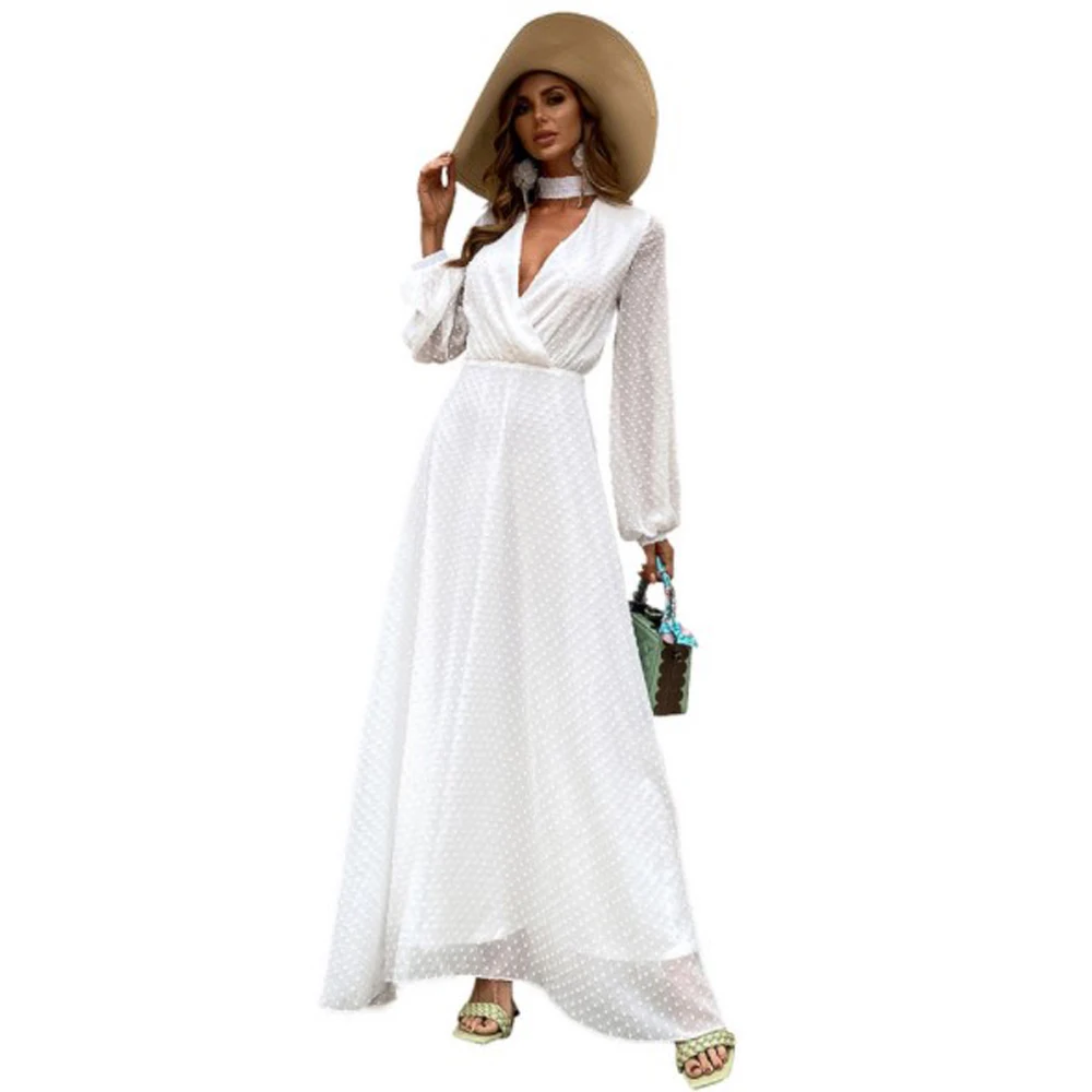 

Cultiseed Women Sexy Deep V Neck Lantern Sleeve Birthday Party White Dress Female Elegant Holiday Beach Long Gowns Clothing