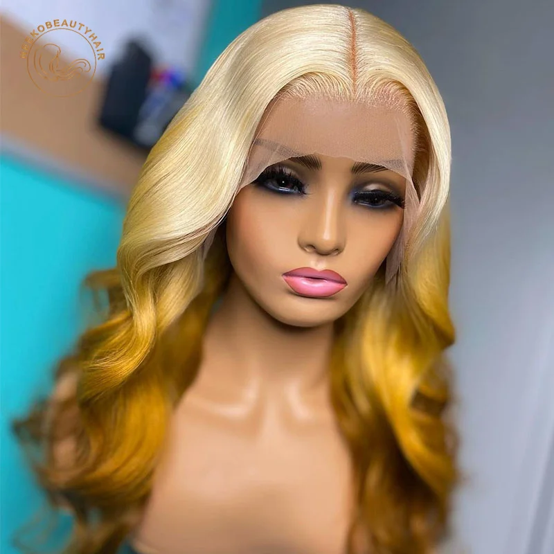 Парик Омбре из светлого желтого цвета на сетке спереди волнистые волосы 13x4