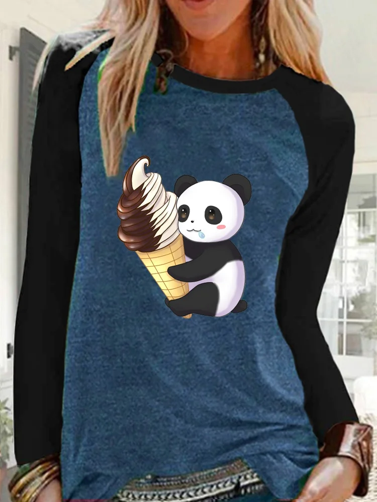Женская рубашка с длинным рукавом круглым вырезом и принтом панды размера плюс -