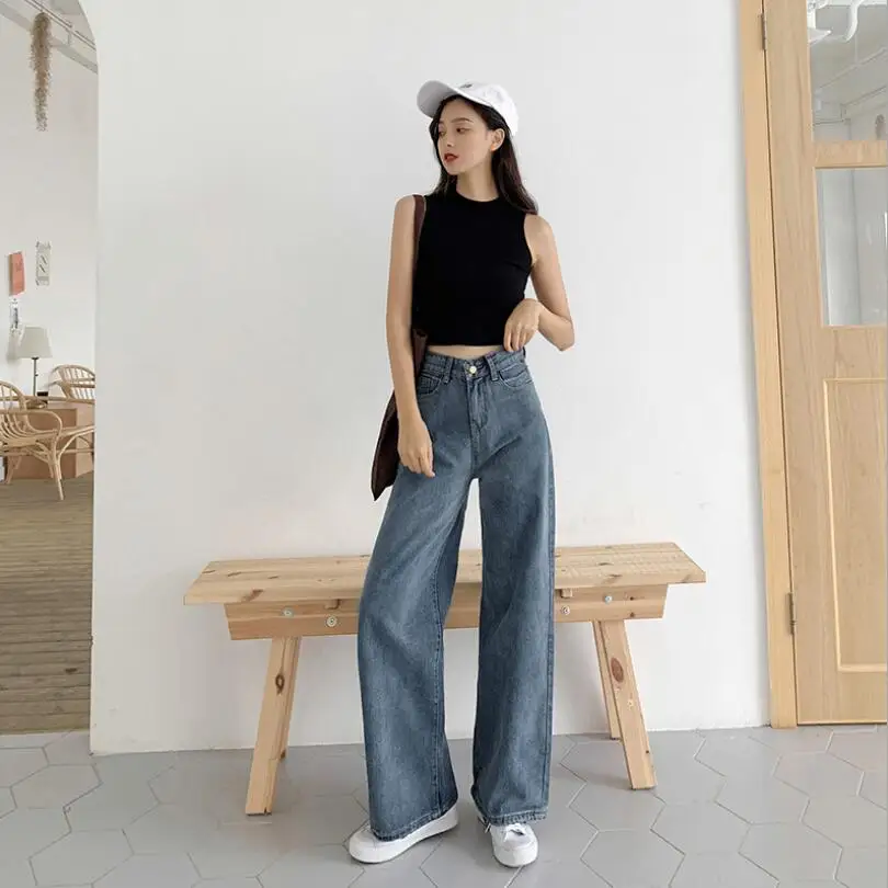 

High waist jeans woman 2019 autumn new Vintage loose Denim Wide leg pants women casual plus size trousers w1215