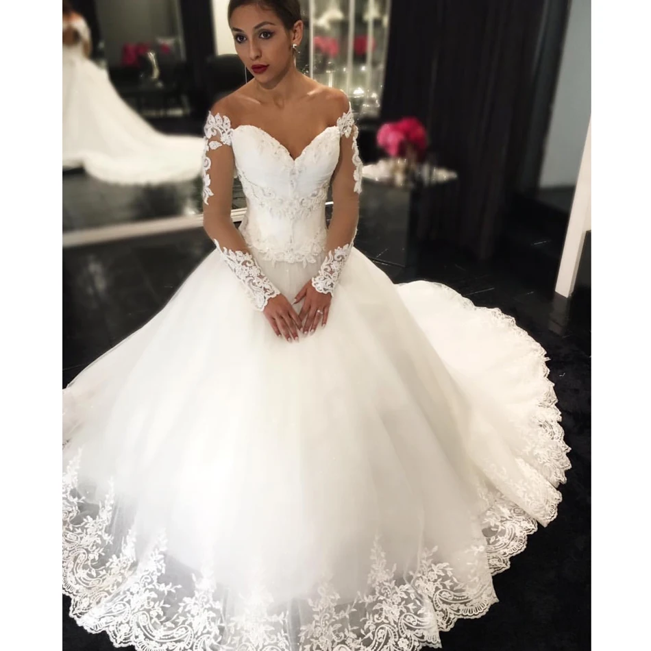 

Off The Shoulder Long Wedding Dresses New Long Sleeve Sweetheart Sweep Strain Lace Applique Formal wedding Gowns Bridal Dress