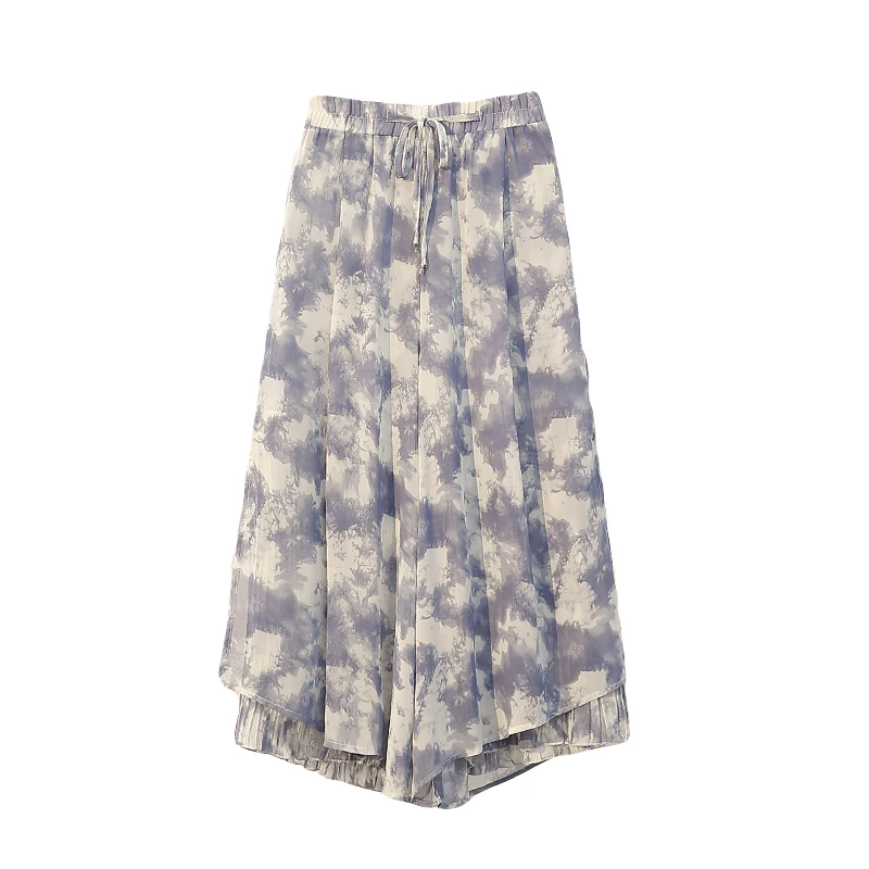 

Women Summer Pant Wide Leg Loose Elastic Waist Tie Dye Chiffon Ankle-length Trouser Skirt Comfortable Plus Size Female Trousers
