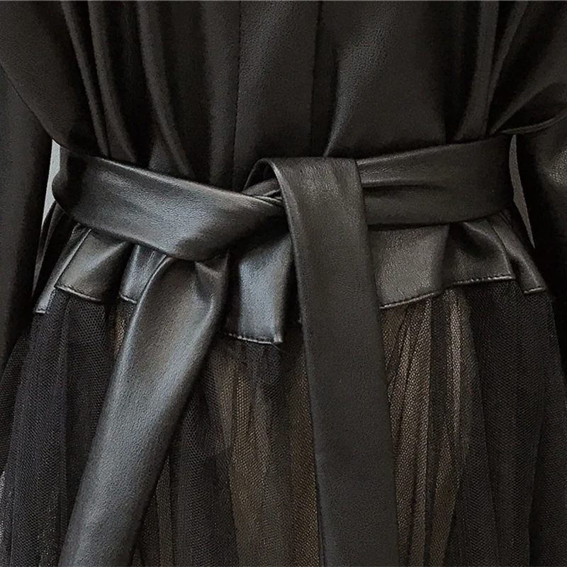 

Nerazzurri Lace patchwork leather jacket women sashes long sleeve Fall 2021 women clothing korean fashion Leather coat women