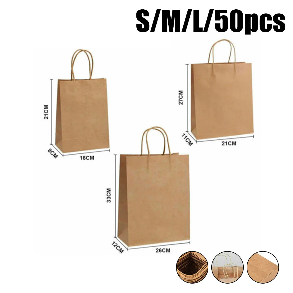 Bolsas de regalo de papel Kraft a granel, bolsa marr&oacute;n artesanal con asas, suministros festivos para fiestas, 50 Uds.-5