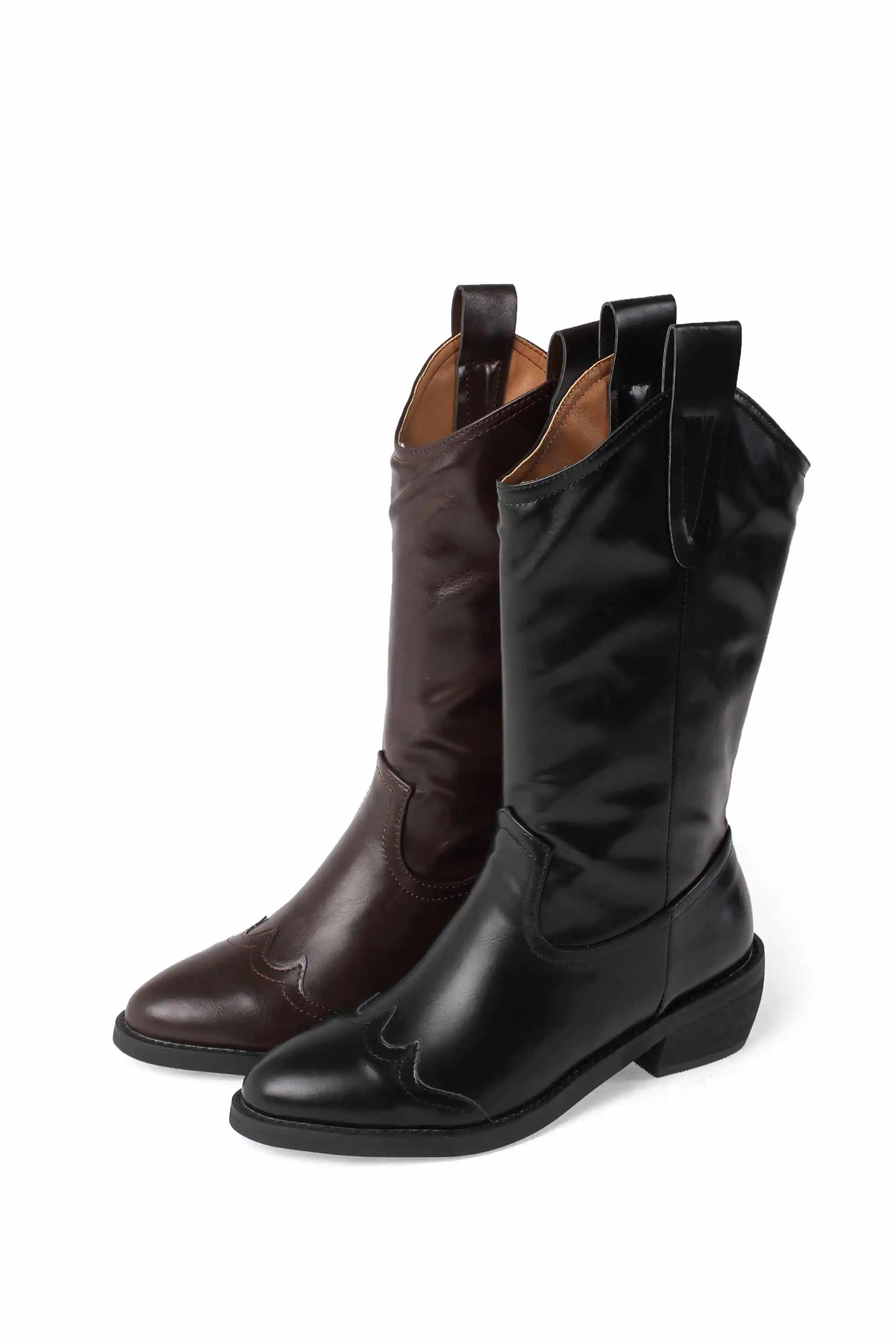 

Krazing pot western boots genuine leather high fashion pointed toe thick high heel slip on beauty lady cozy mid-calf boots L16