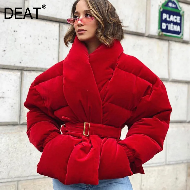 

DEAT 2020 new winter fashion women clothes Cotton-padded Clothes wine red color waist belts adjusted 19F-a137-03
