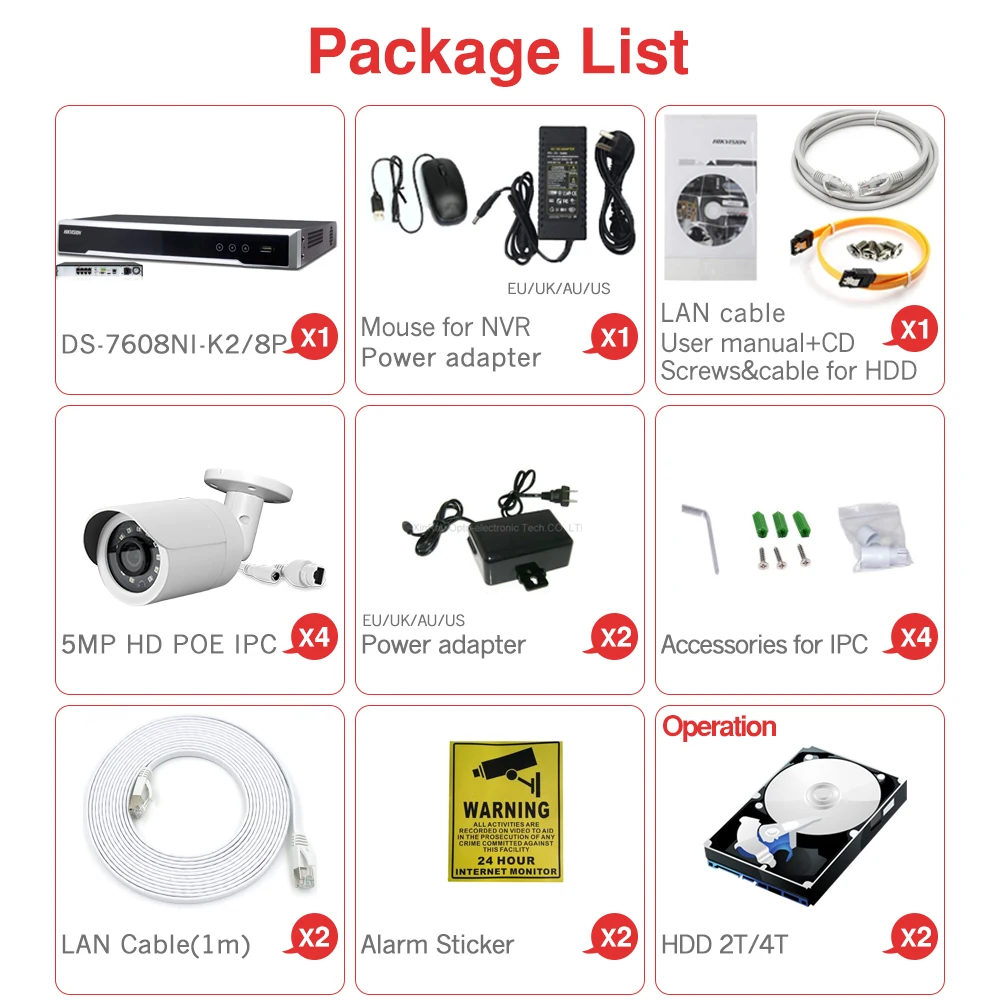 4 Bullet 8CH CCTV система 4 шт. ультра 5MP наружная камера безопасности POE с Hikvision 8 POE NVR DS-7608NI-K2/8 P DIY комплекты видеонаблюдения - Цвет: 4 Bullet