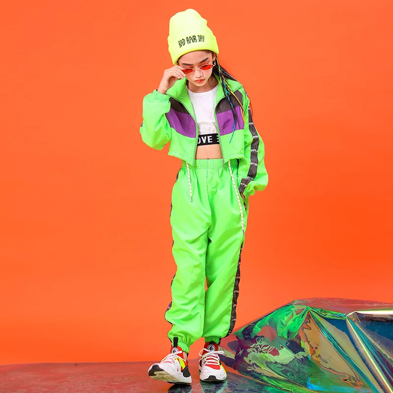 

Children Fashion Green Hip Hop Clothing Short Jacket Top Crop Coat Running Casual Pants for Girl Jazz Dance Costume Clothes Wear