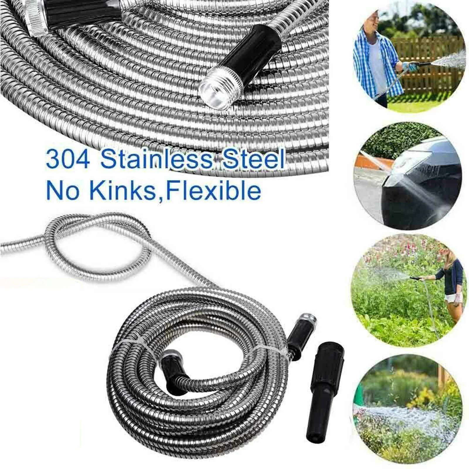 

304 Stainless Steel Garden Hose Tangle Free Metal Water Hose with Fittings