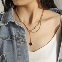 heart stainless steel necklaces for women engraving love vintage necklace kpop pearl chain gold plated charms fashion jewelry