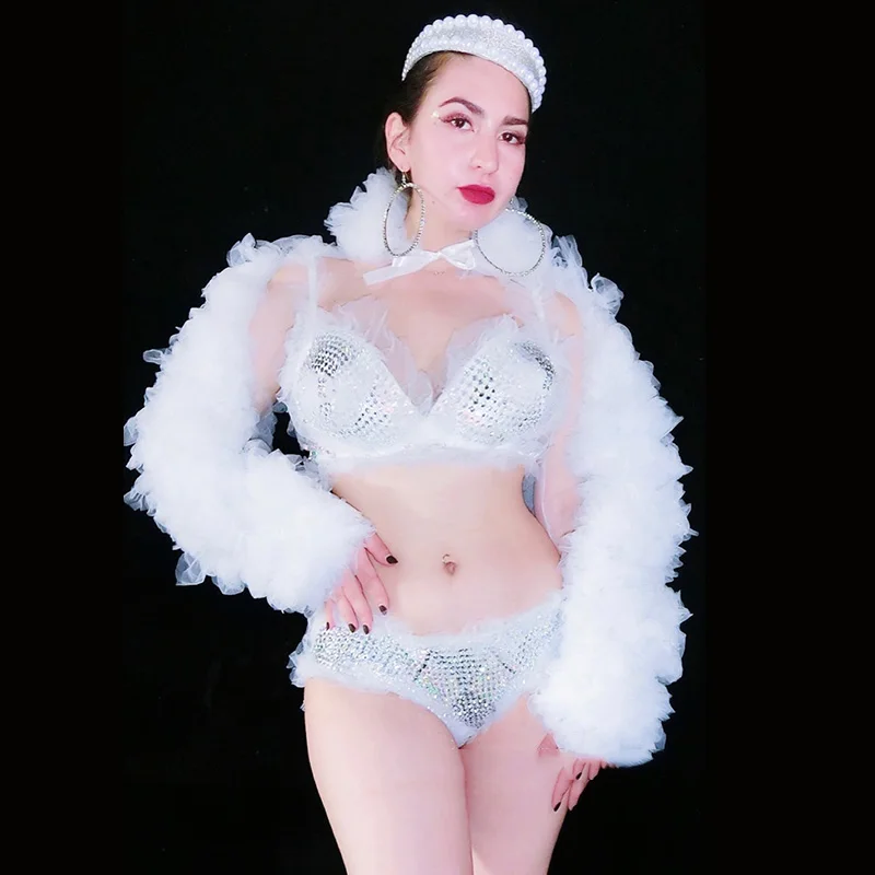 Nightclub DJ Dancer White Rhinestones Bikini Shawl Set Bar Party Stage Outfit Sexy Women Singer Dance Performance Costume DT2310 |