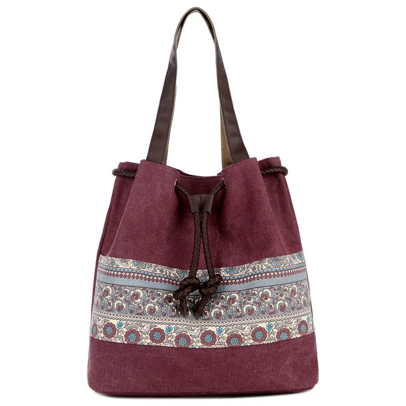 

Fashion National Drawstring Women Handbags Excellent Quality Canvas Shoulder Bag Leather Strap Bucket Bags Autumn Winter 2021