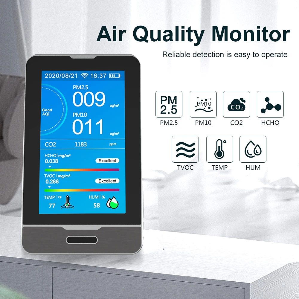 

DM73B TUYA Wi-Fi 4,3 дюймовый светодиодный дисплей PM2.5 PM1.0 PM10 датчик температуры и влажности CO2 HCHO TOVC интеллектуальный детектор