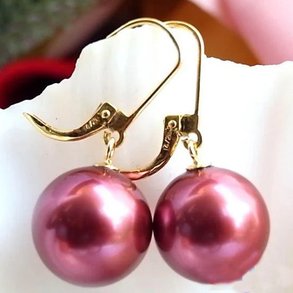 

New Favorite Pearl Earring 14mm Grape Purple Sea Shell Pearl 14k Gold Dangle Earrings Birthday Fine Jewelry Charming Lady Gift