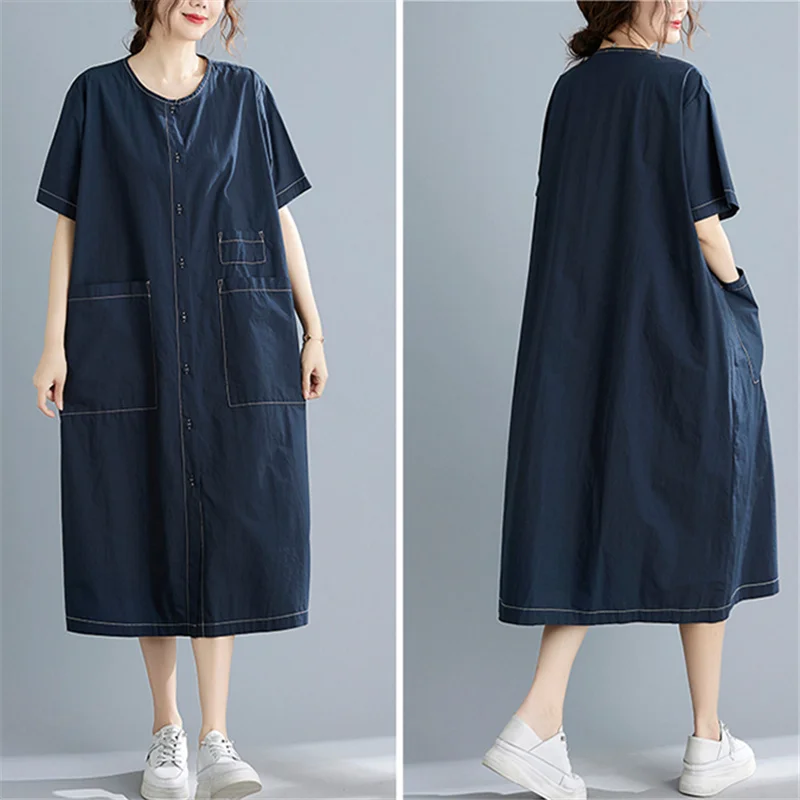 

Summer Cotton Dress Female New Large Size Literary Round Neck Single-breasted Open Thread Loose Short-sleeved Mid-length Dress