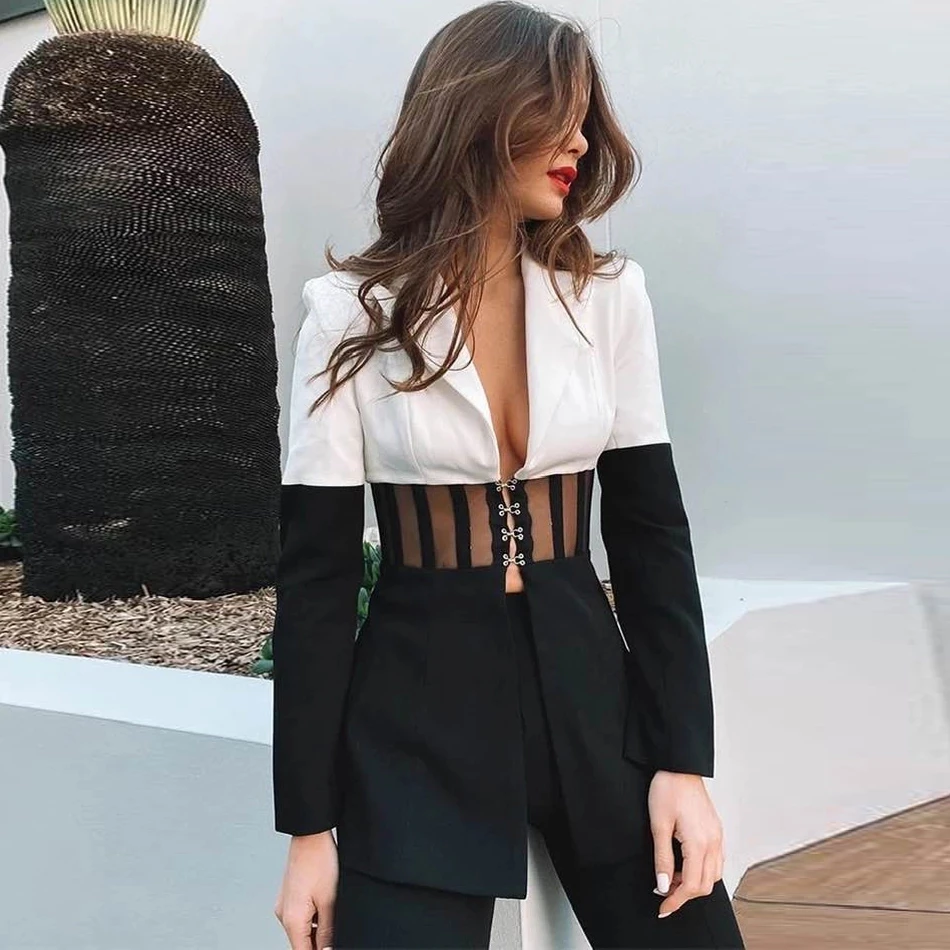 

Blazer and Pants Unique 2 Pieces of Clothes For Women New Black and White Stitching V-neck Full Cufflinks Mesh Tights Suit