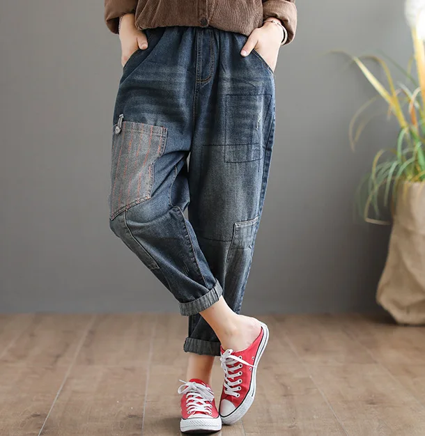 Autumn Spring Women Jeans 2019 Thin Denim Loose Harem Pockets Elastic Waist Vintage Casual Pants YoYiKamomo | Женская одежда