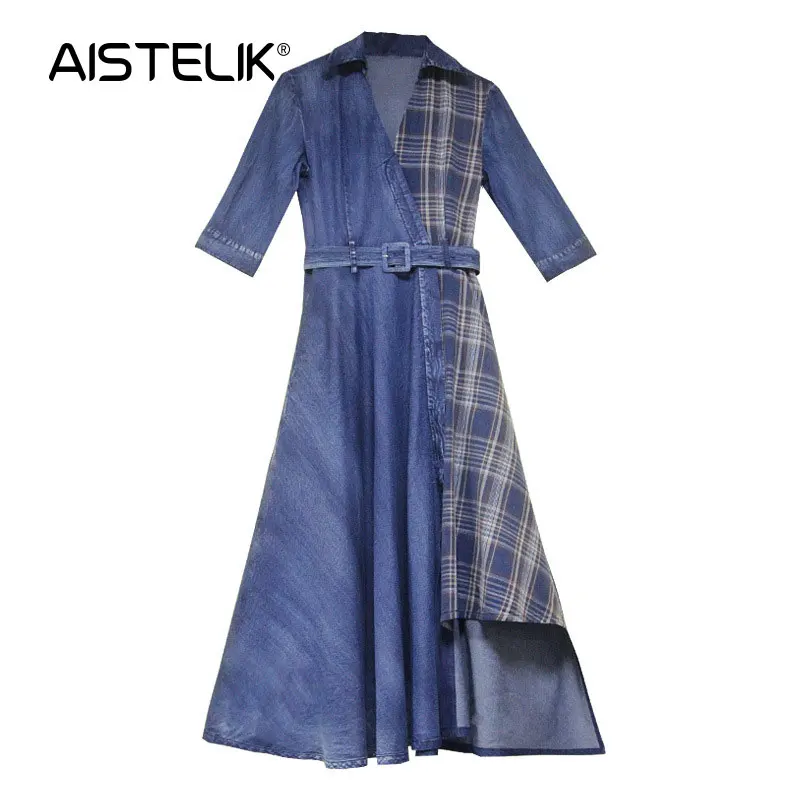 

AISTELIK 2020 весна-осень новое неправильное платье ретро клетчатое джинсовое платье модное сексуальное красивое