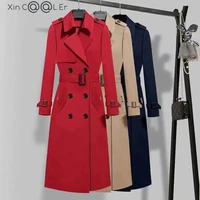 fashion spring autumn coat women turn down collar double breasted long trench casual slim trench with belt black red jakcet