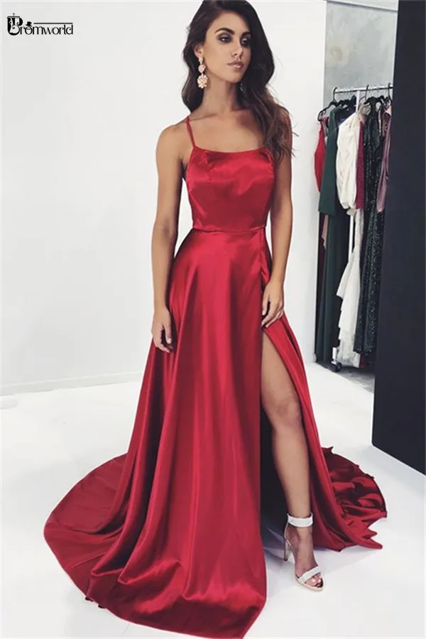 

Royal Blue 2021 Long Prom Dresses Under 100 Simple A Line Cheap Prom Gown High Slit Spaghetti Straps Cross Back Evening Dress