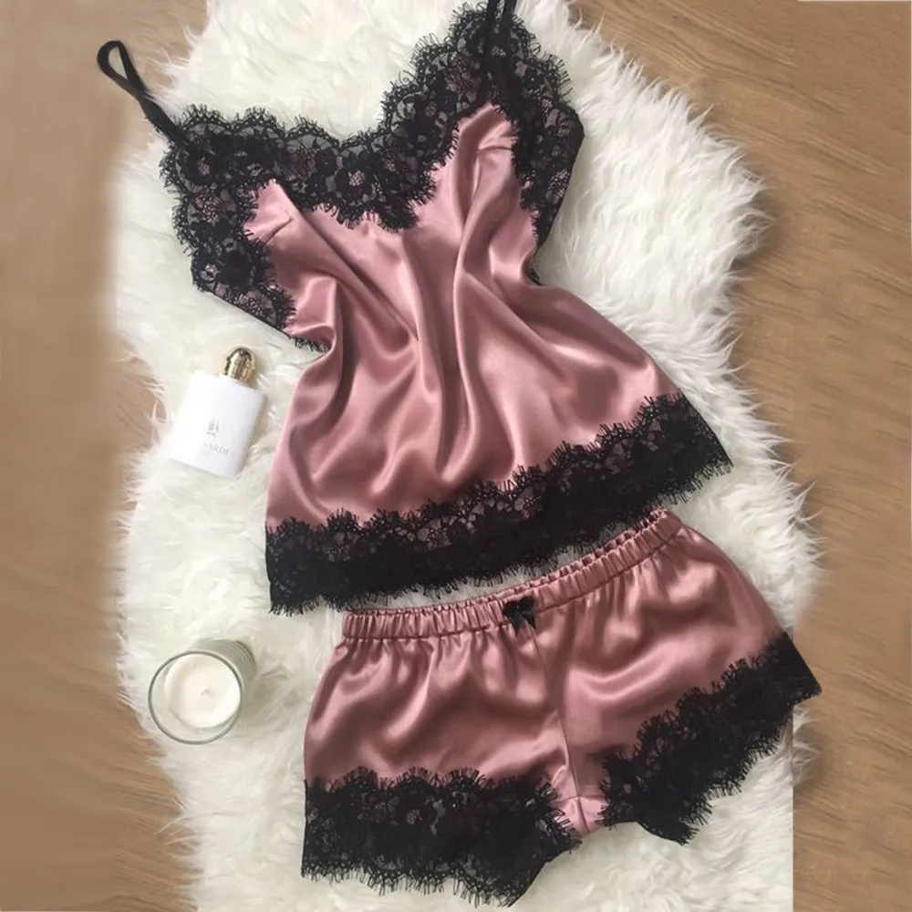 

2PC Women Sleepwear Set Home Wear Sets Sexy Lace Sleepwear Lingerie Babydoll Nightwear Satin Camisole Shorts Pajamas femme 2020