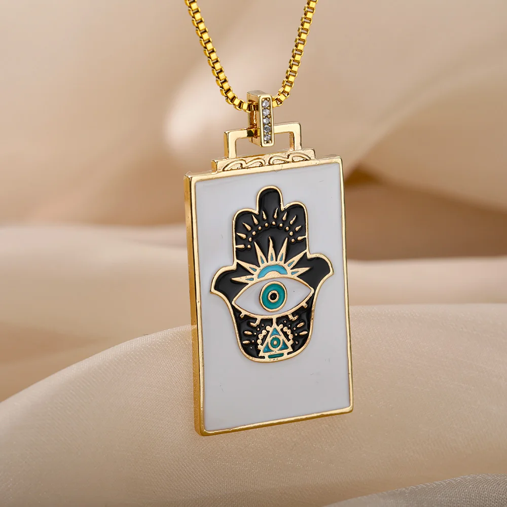 

Evil Eye Hamsa Hand Palm Fatima Necklace For Women Punk Vintage Gold Tarot Card Square Amulet Pendant Necklace Jewelry Friend