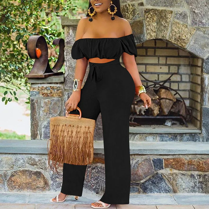 

Women Off Shoulder Cut Out Jumpsuit Wide Leg Long Overalls Summer Boho Beach Jumpsuits For Woman 2021
