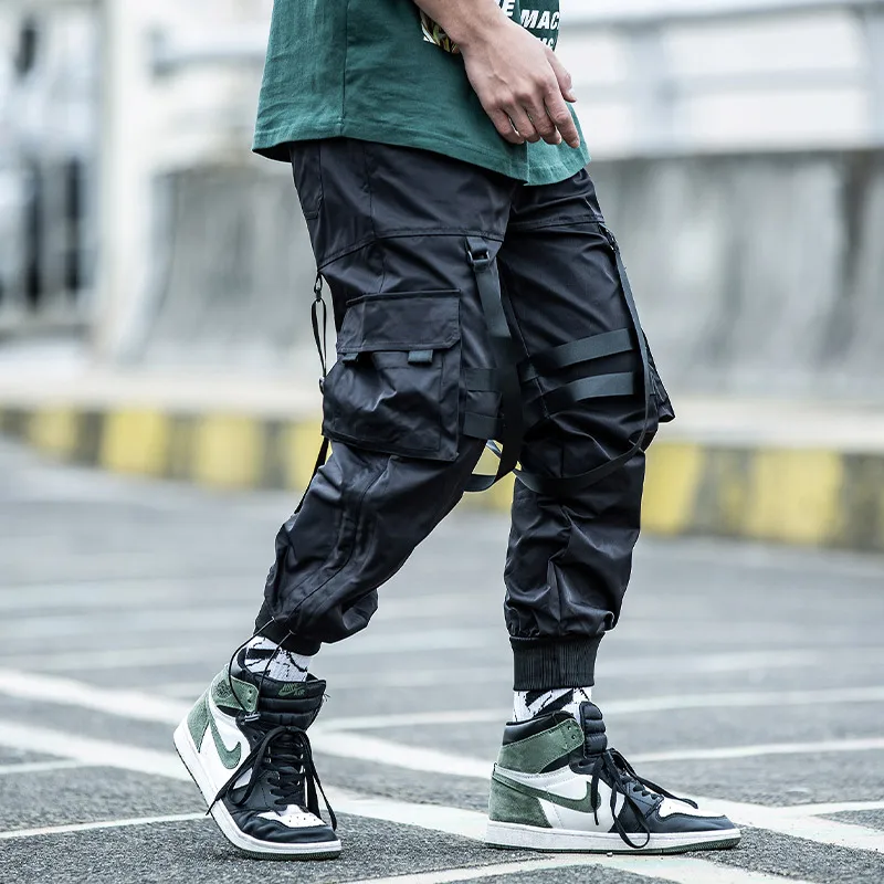 

Ribbons Hip Hop Cargo Paratrooper Pants Men Techwear Joggers Streetwear Ankle-Length Elastic Waist Black Joggers Casual Trousers