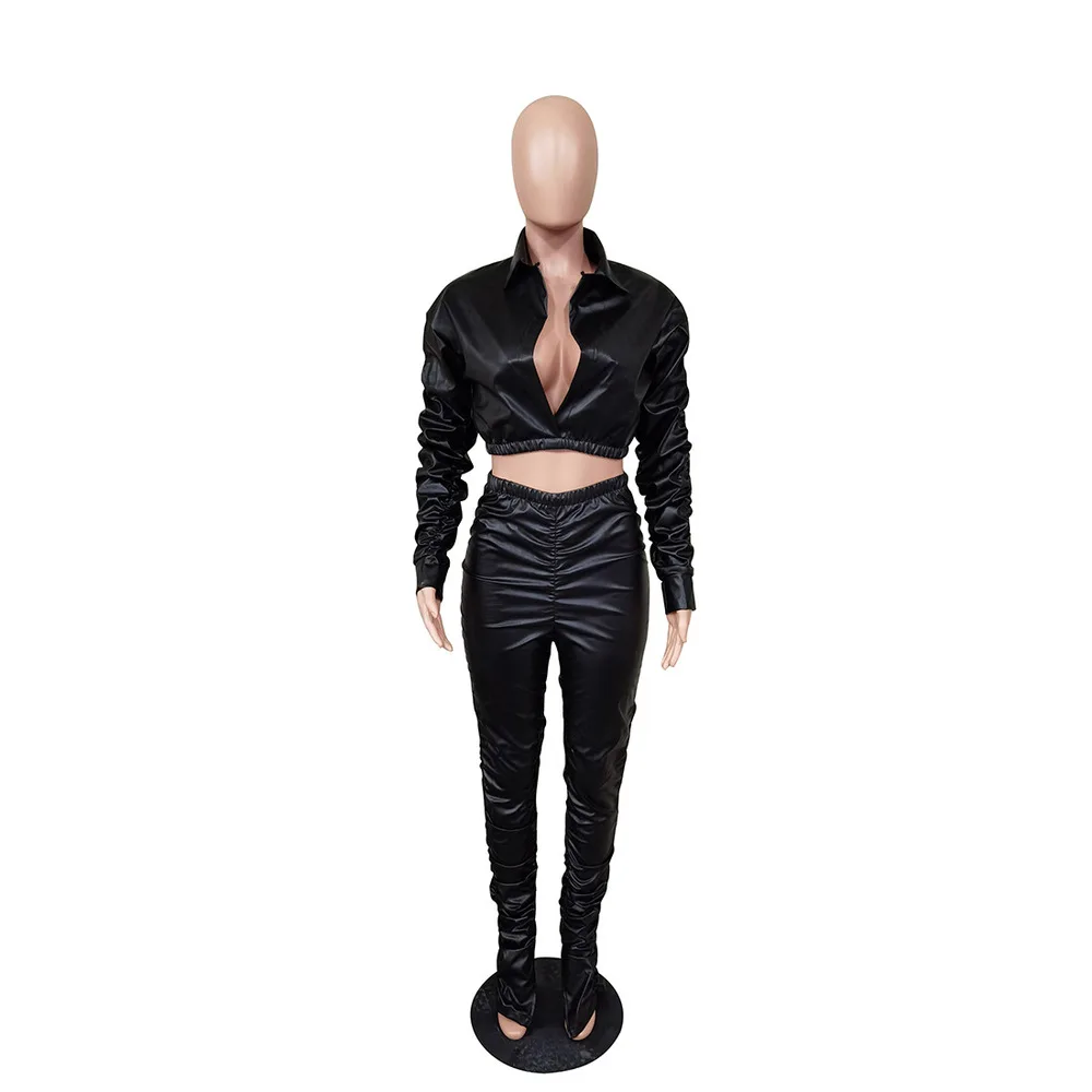 

PU Faux Leather Stacked Sexy 2 Piece Set Woman's Tracksuit Elastic Hight Ruched Long Sleeve Crop Top and Split Hem Bandage Pants