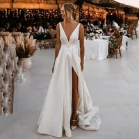 uzn ivory satin wedding gowns sexy backless vestidos de novia 2021 deep v neck bride bridal dresses with high split customized