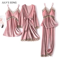 julys song new women velvet 4 pieces pajamas sets sling sexy lace sleepwear winter autumn pyjama with chest pad wine red robe