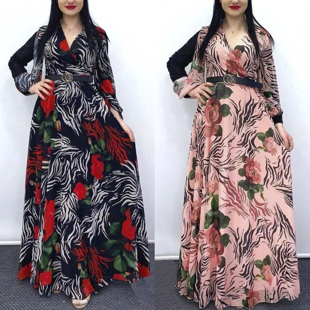

MD African Print Boho Chiffon Dresses Women Long Sleeve Elegant Evening Gown Ankara Dashiki Maxi Dress Dubai Abayas 2021 Summer